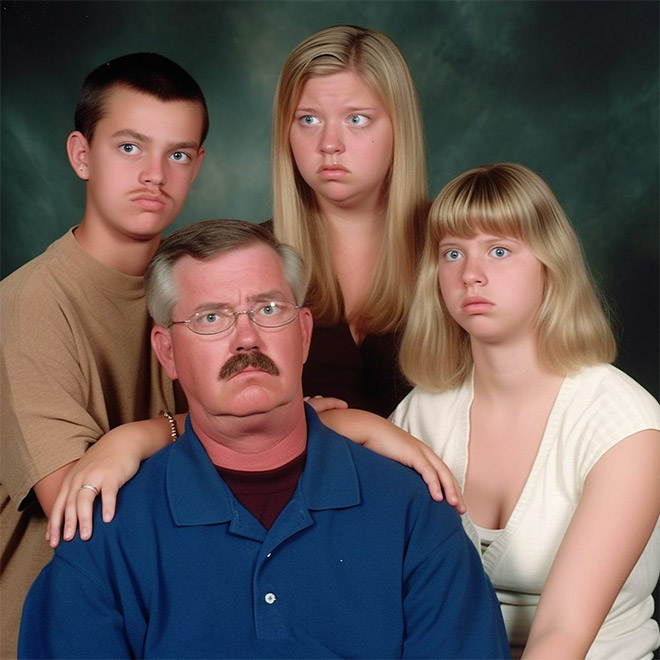 Awkward family photo, generated by AI.