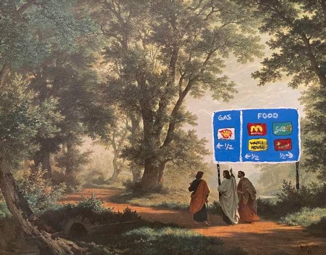 Funny repainting over old thrift store painting.